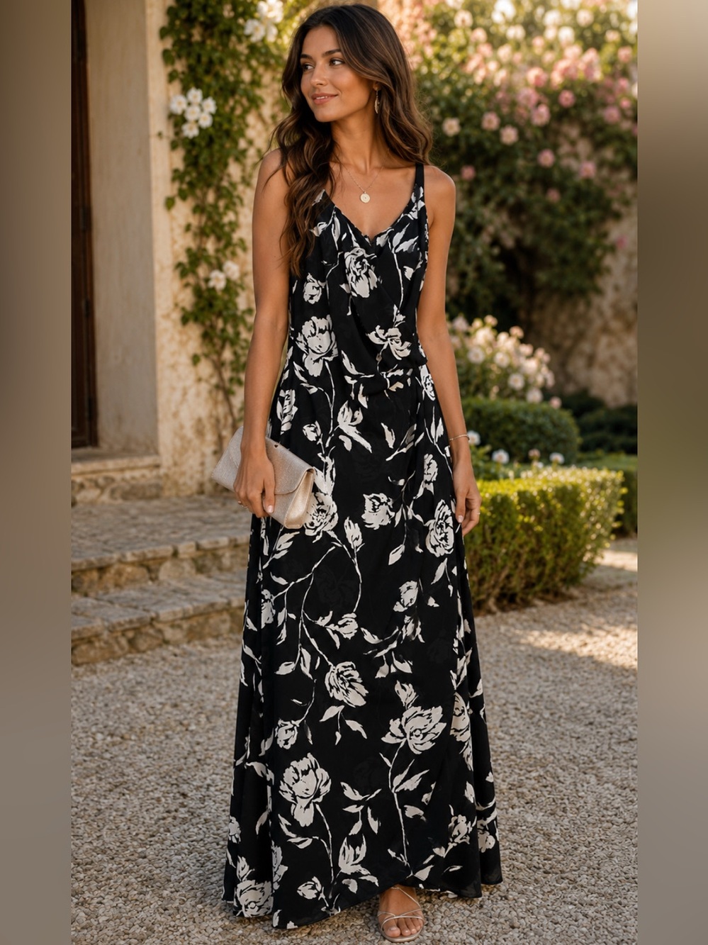 David Warren Wrap Front Maxi Dress Floral Size 6 Zip V Neck Chiffon Formal